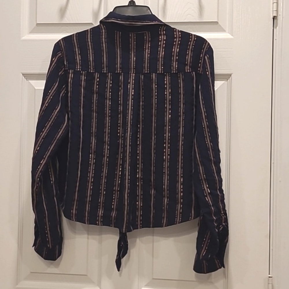 Bella Dahl Cropped Tie Front Button Up Adjustable Sleeve Copper Blouse Sz Med - Picture 9 of 13